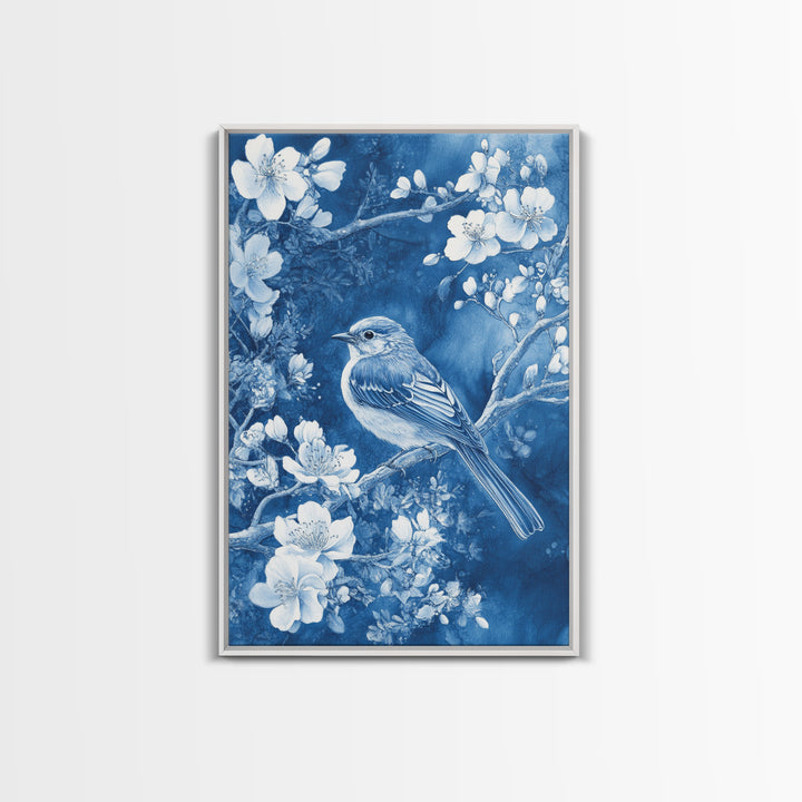 Blue Botanial Wall Art Chinoiserie Wall Art, White Bird, Blue Chinoiserie Home Decor, Botanical Print, Bird Painting, Ready To Hang