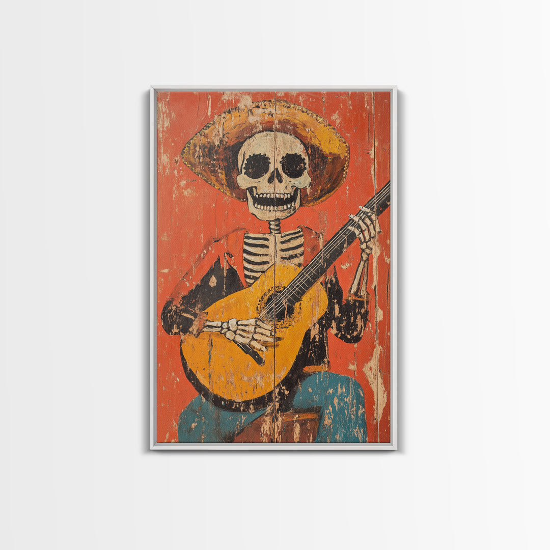Arte Mexicano - Framed Canvas Print - Chicano Art - Skeleton Vaquero playing a guitarra, Mexican Inspired Wall Art, Southwestern Art