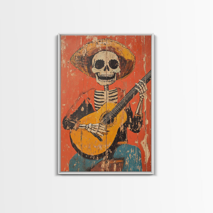 Arte Mexicano - Framed Canvas Print - Chicano Art - Skeleton Vaquero playing a guitarra, Mexican Inspired Wall Art, Southwestern Art