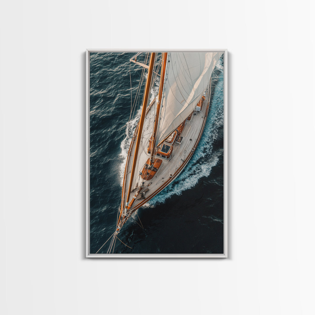 Bird's Eye View Of A Sailboat, Framed Canvas Print, Sail Boat Photography Print, Sailboat Painting, Nautical Decor, Nautical Wall Art