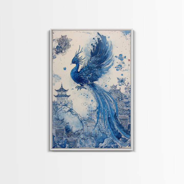 Chinoiserie Phoenix Wall Art, Framed Canvas Print, Chinoiserie Painting, Unique Phoenix Home Decor, Unique Painting, Trendy Decor