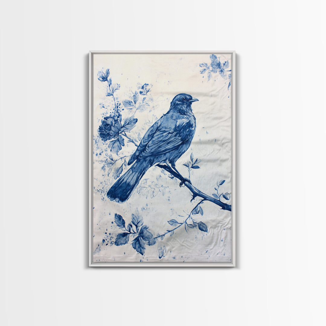 Chinoiserie Style Painting Print Of a Bird, Framed Canvas Print, Chinoiserie Wall Art