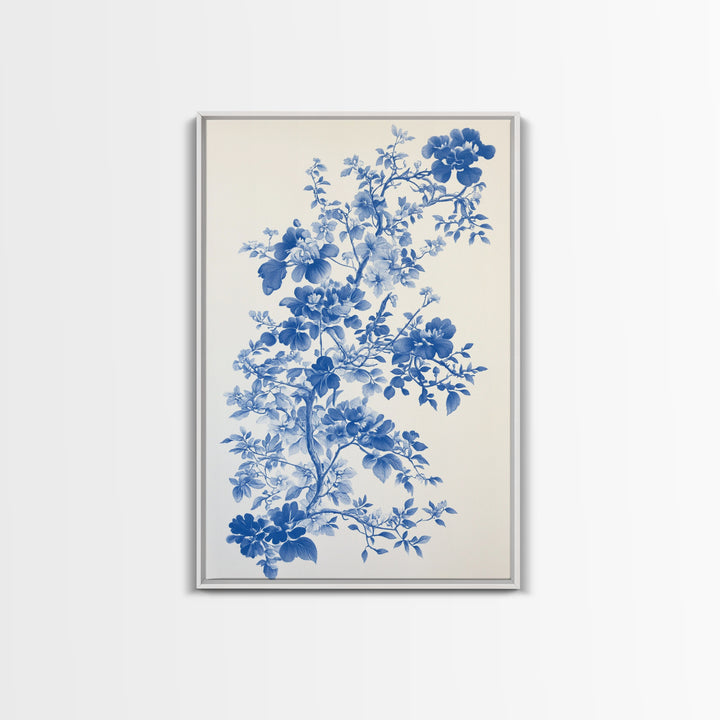 Blue Floral Print, Chinoiserie Wall Art, Framed Canvas, Canvas Art Home Decor, Chinoiserie Style Painting
