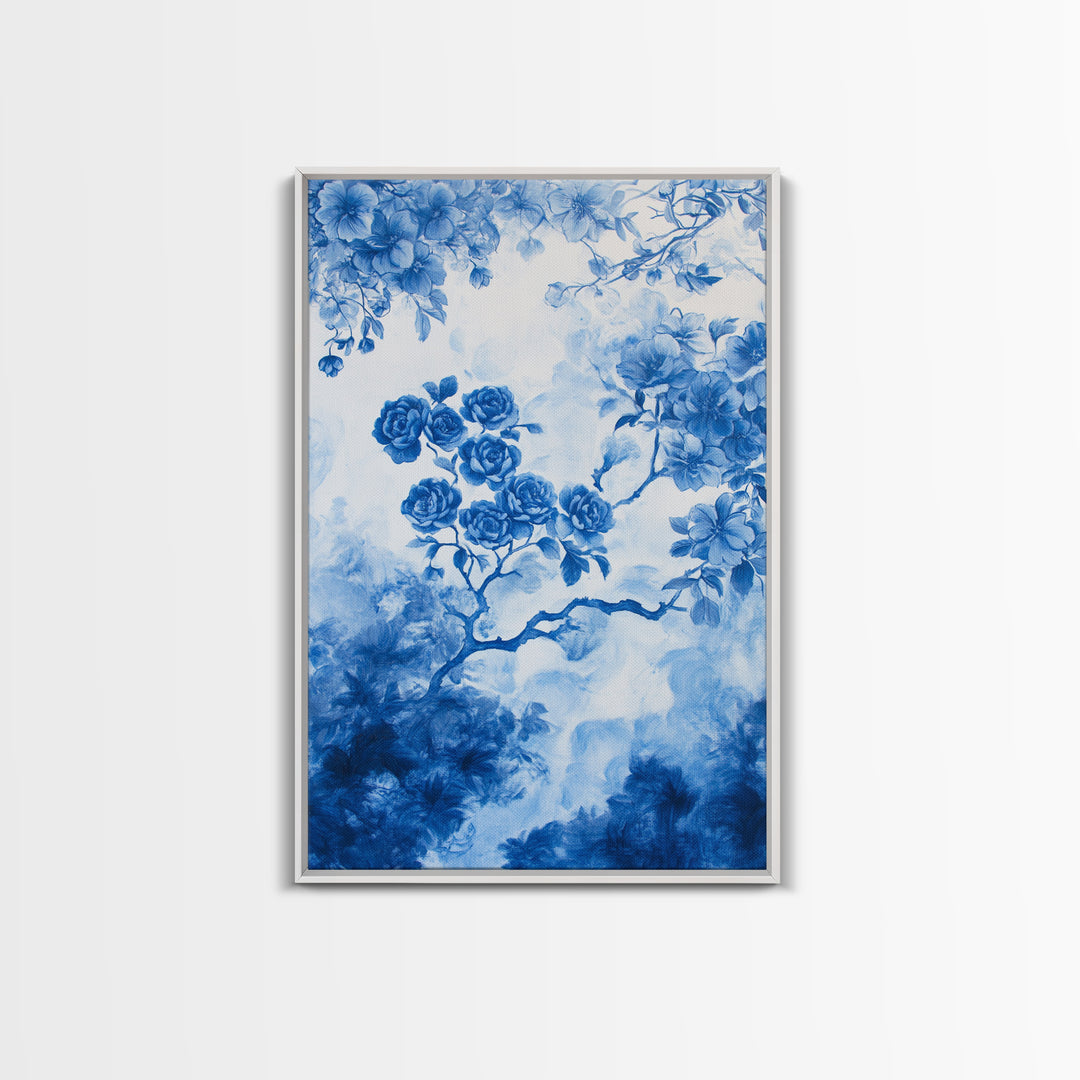 Blue Roses Chinoiserie Style Painting Print, Living Room Decor, Chinoiserie Wall Art, Chinoiserie Decor, Living Room Wall Art