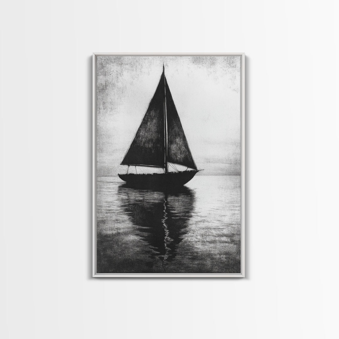Charcoal Sketch of a Sailboat, Framed Canvas Print, Sailboat Painting, Minimalist Home Decor, Nautical Decor, Black and White Sailboat Art
