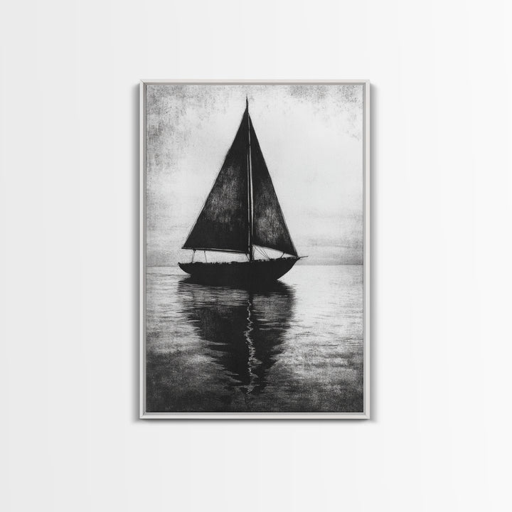 Charcoal Sketch of a Sailboat, Framed Canvas Print, Sailboat Painting, Minimalist Home Decor, Nautical Decor, Black and White Sailboat Art