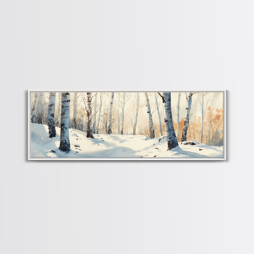 Birch Tree Forest In The Snow Covered Winter Framed Canvas Print, Panoramic Wall Art, Original Birch Tree Art, Birch Tree Painting, Horizontal Art