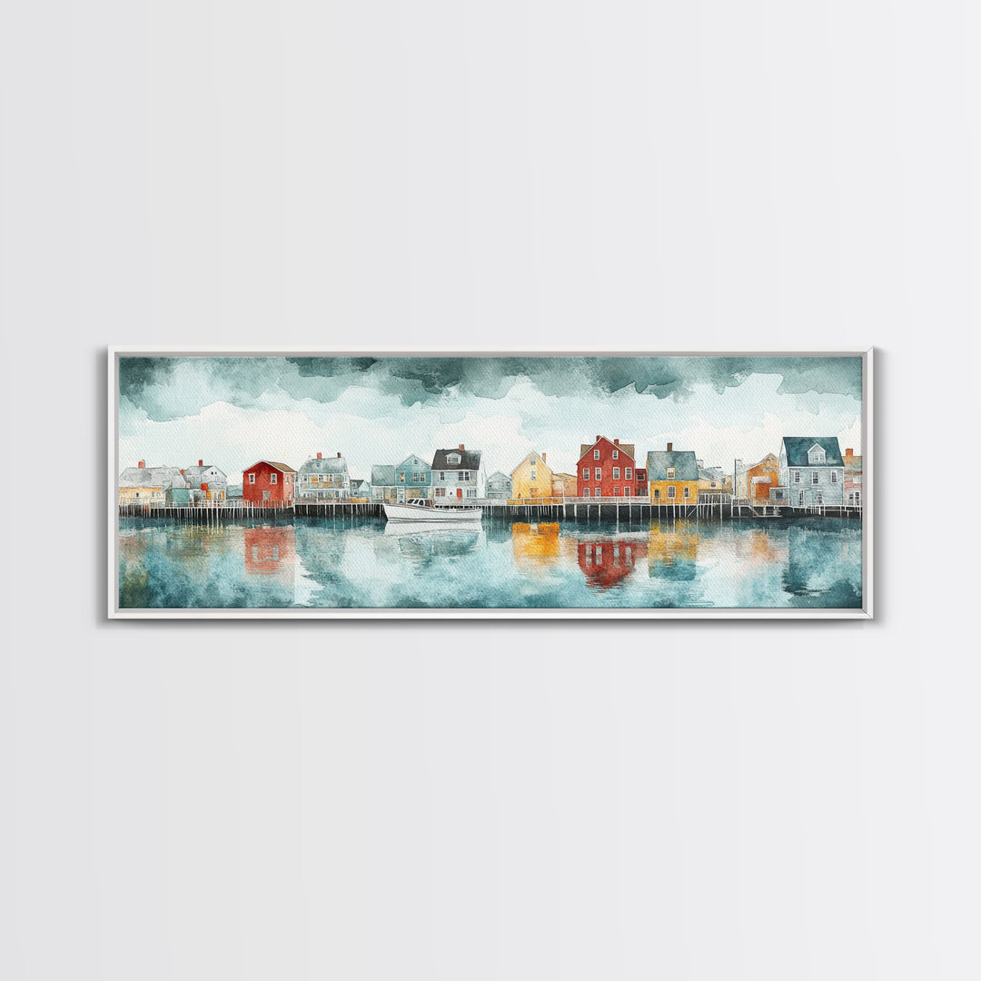 Panoramic Painting Print of Nantucket, Framed Canvas Print, Nantucket Painting, nautical seascape landscape painting, Nautical Decor