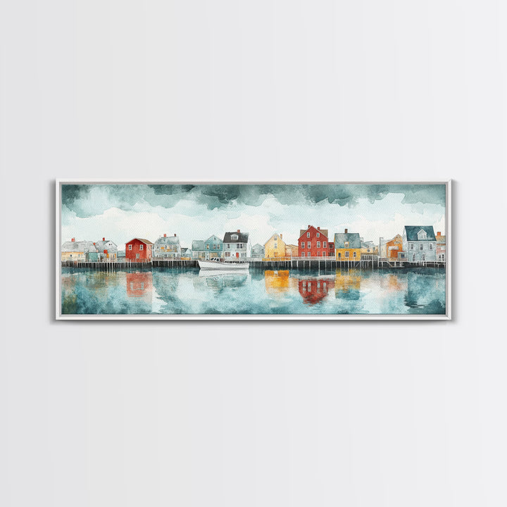 Panoramic Painting Print of Nantucket, Framed Canvas Print, Nantucket Painting, nautical seascape landscape painting, Nautical Decor