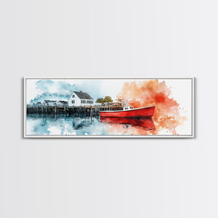 Panoramic Nautical Seacape Painting, Framed Canvas Print - Nantucket Wall Art - Beach House Art - Painting of Nantucket