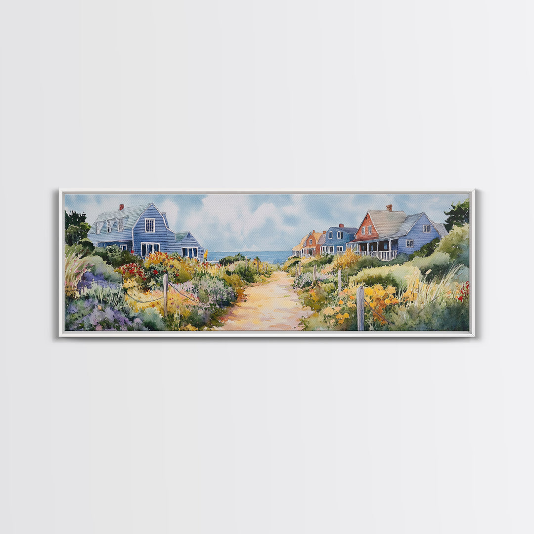 Panoramic Painting Print of Nantucket, Framed Canvas, Nautical Wall Art, Seascape landscape painting, Horizontal Nantucket Wall Art