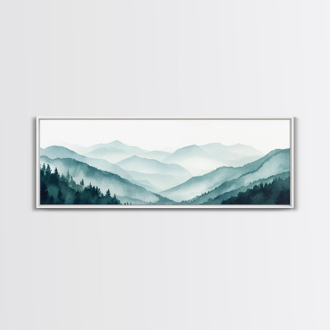 Indigo and Emerald Green Blue Ridge Mountains, Framed Canvas Print, Panoramic Home Decor, Horizontal Art, Mountain Landscape Painting