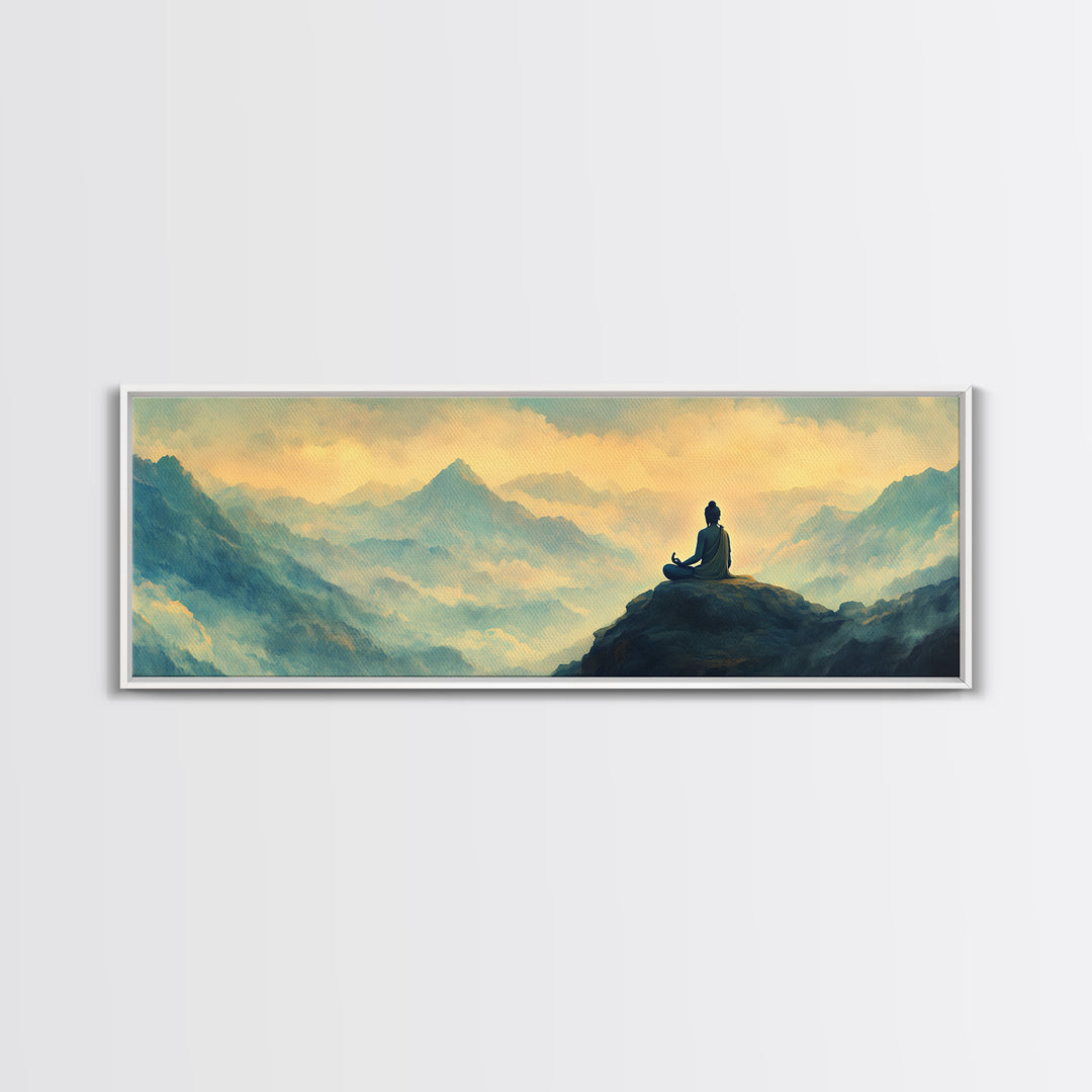 Buddha Meditating On The Mountain Framed Canvas Print, Zen Wall Art, Meditation Room Decor, Yoga Studio Decor, Panoramic Buddha Painting