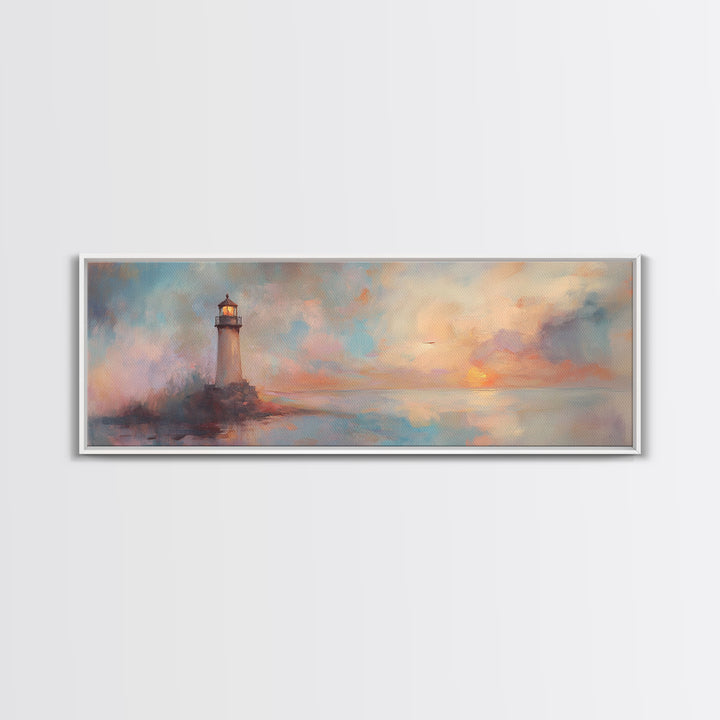 Nautical Home Decor, Whimsical Lighthouse Panoramic Painting Canvas Print, Seascape Painting, Light House Wall Art, Lighthouse Print