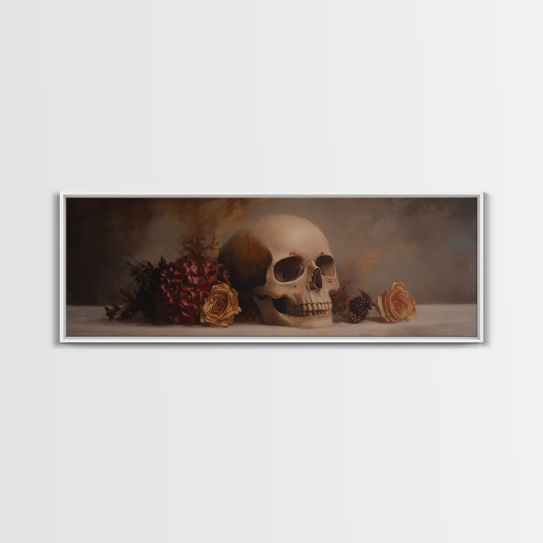 Dark Academia Oil Painting Print Stil Life of a Skull and Flowers, Gothic Home Decor, Goth Art, Witchy Decor, Halloween Art, Moody Decor