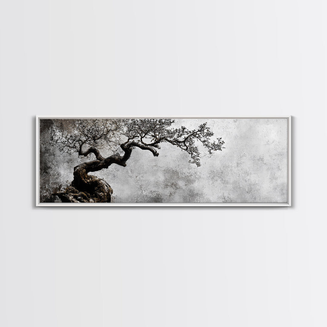 Black and White Bonzai Tree Framed Canvas Print, Wabi Sabi Japanese Style Home Decor, Minimalist Art, Moody Decor, Moody Art