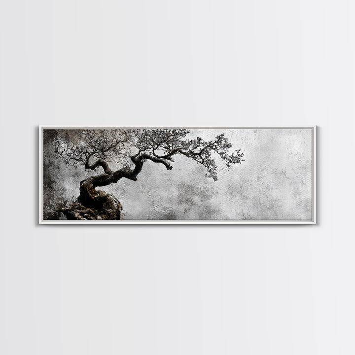 Black and White Bonzai Tree Framed Canvas Print, Wabi Sabi Japanese Style Home Decor, Minimalist Art, Moody Decor, Moody Art