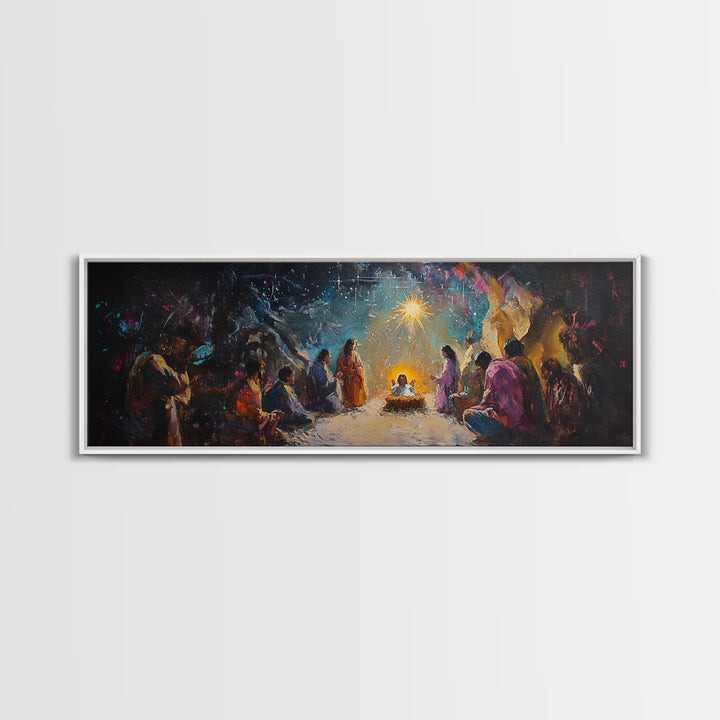 Panoramic Nativity Painting Print, Christmas Decor, Canvas Print, Retro Nativity Scene Oil Painting, Modern Art For Christmas