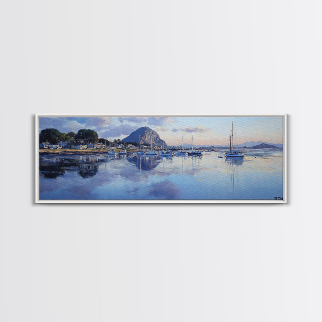 Panoramic Painting Print of Morro Bay California, Painting Morro Bay Framed Canvas Print, California Wall Art, Nautical Seascape Landscape Painting