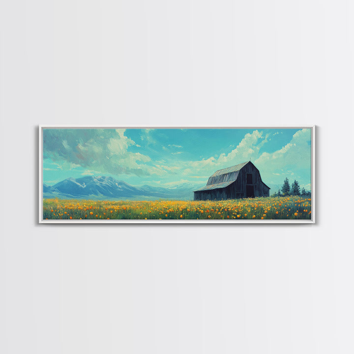 Old Barn In The Spring, Framed Canvas Print, Rustic Farmhouse Decor, Modern Farmhouse, Barn in Field of Wild Flowers, Farm House Art
