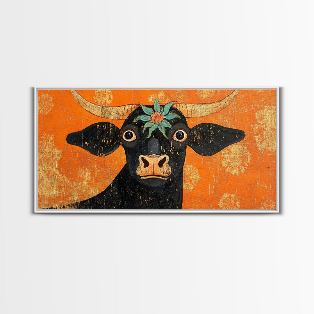 Abstract Wide Eyed Cow, Funny Art, Framed Canvas Print, Chicano Wall Art, Mexican Style Art, Farmhouse Decor, Cow Painting, Cow Print