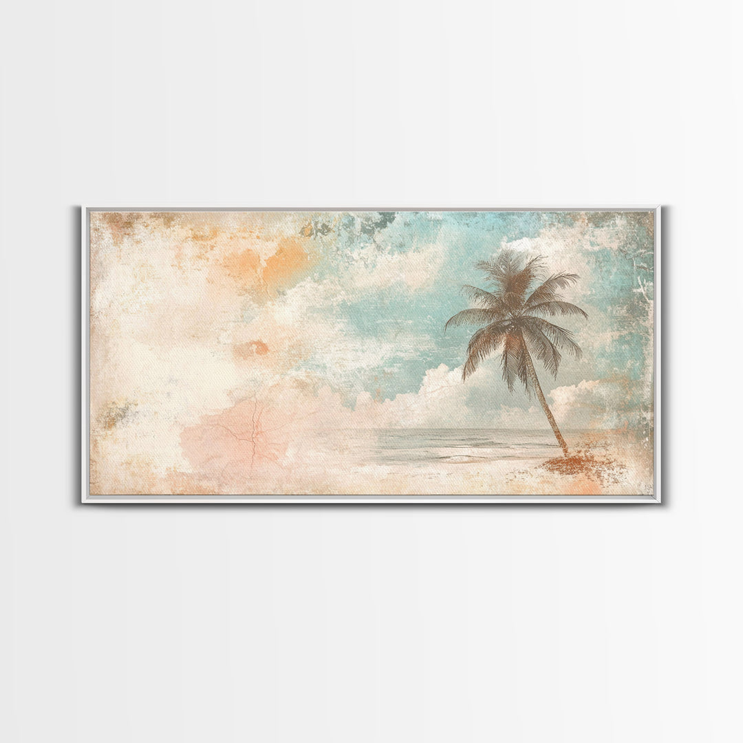 Distressed Painting Print of a Lone Palm Tree on a Beach, Framed Canvas Print, Retro Nautical Landscape Painting, Beach Wall Art, Beach Print