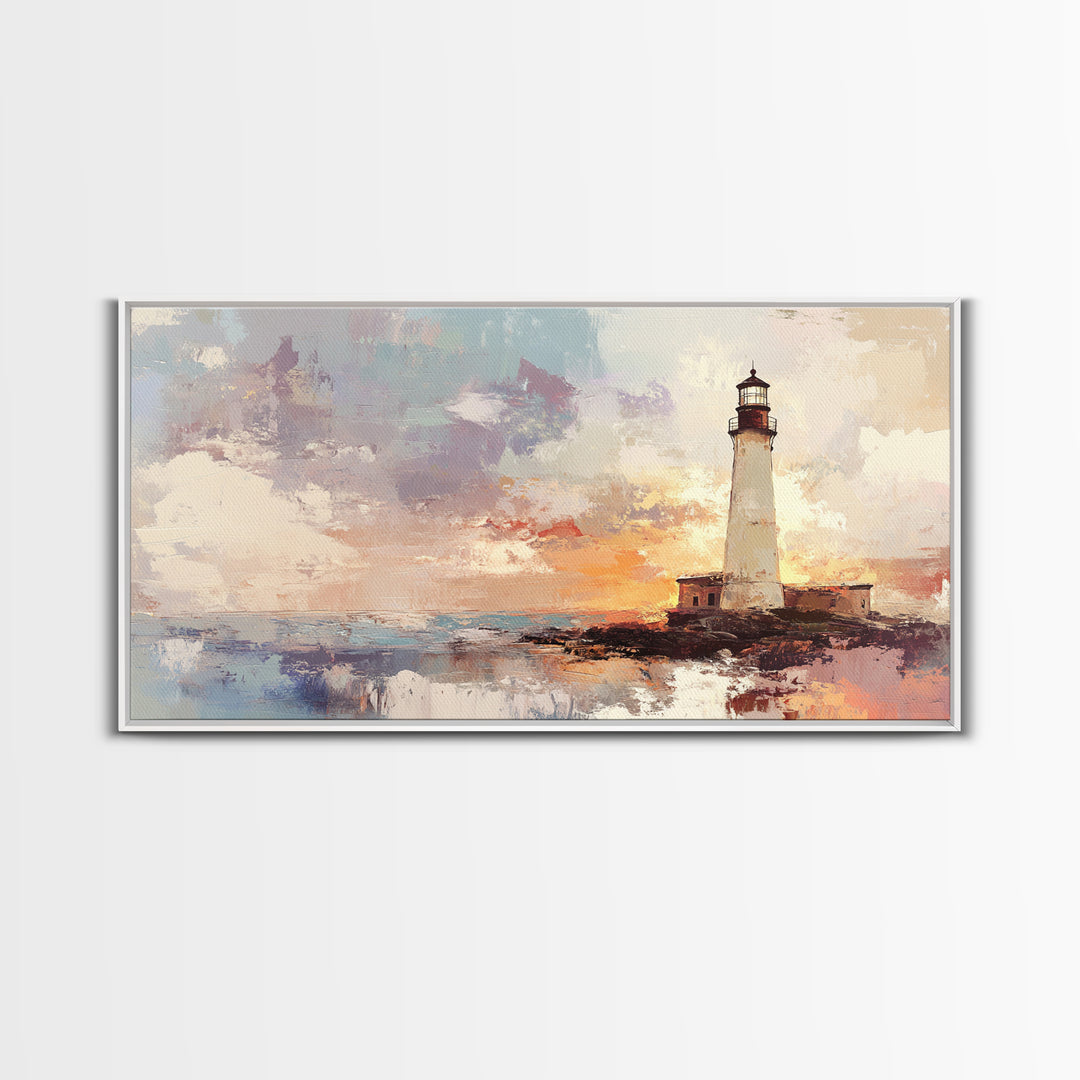 Abstract Oil Painting Print of a Light House, Framed Canvas Print, Nautical Themed Home Decor, Seascapes Painting