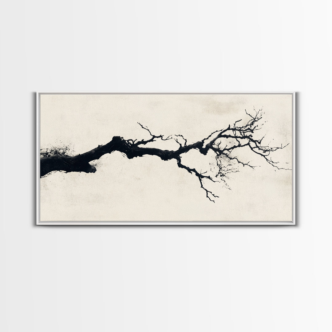Black and White Wall Art, Framed Canvas Print, Dead Branch Painting on a Black Background, Charcoal Sketch, Charcoal Painting Wall Art