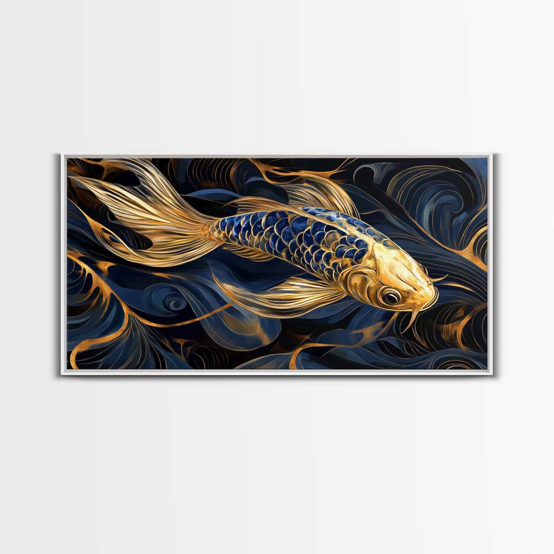 Black and Gold Koi Fish Framed Canvas Print, Wabi Sabi Style Home Decor, Koi Fish Painting Koi Fish Art, Modern Living Room Decor