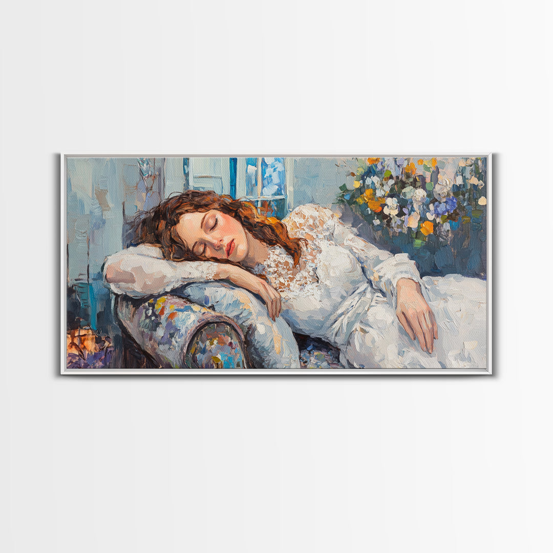 Decadent Young Woman Inspired Wall Art, Framed Canvas Print, Victorian Oil Painting Of a Woman Taking a Nap, Cute Bedroom Decor