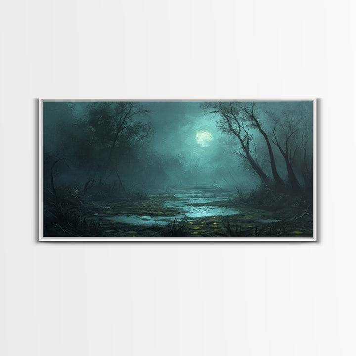 Dark and Moody Wall Art Framed Canvas Print, Oil Painting of a Swamp, Moody Landscape Wall Art