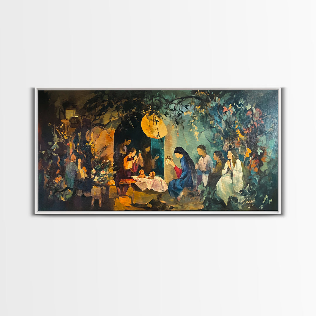 Christian Nativity Jesus In The Manger Ready To Hang Canvas Wall Art - Farmhouse Christmas Decor - Christian Wall Art - Christian Painting