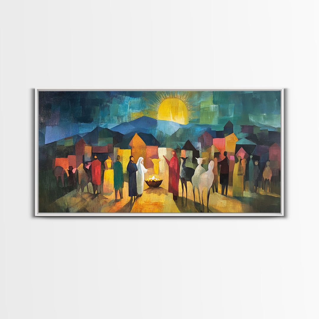 Christmas Nativity Scene Art Print - Framed WalL Art Canvas Print - Mary, Joseph and Baby Jesus in Bethlehem Abstract Oil Painting Print