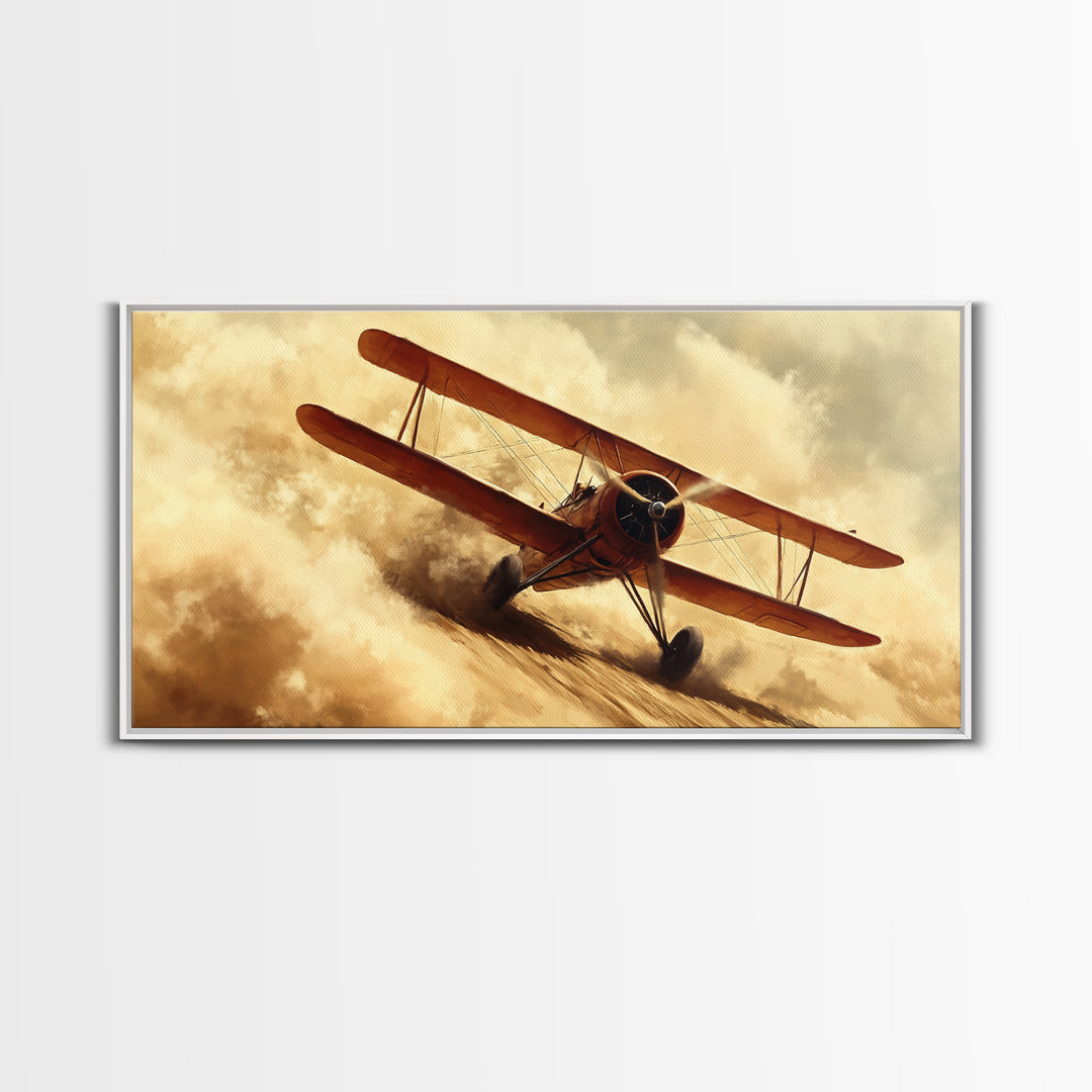 Biplane Taking Off In a Sandstorm, 1920s Airplane Painting, Retro Airplane Wall Art, Gift For Him, Office or Man Cave Wall Art