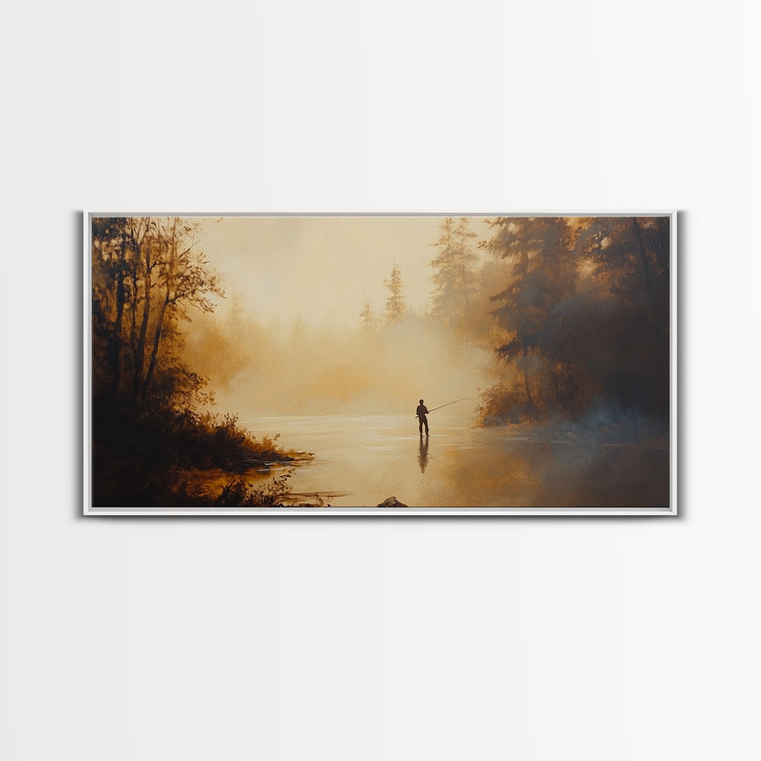 Retro Oil Painting Print of a Fly Fisher - Framed Canvas Print - Fishing Wall Art, Fisherman Painting, Fishing Gift, Gift for Fisher