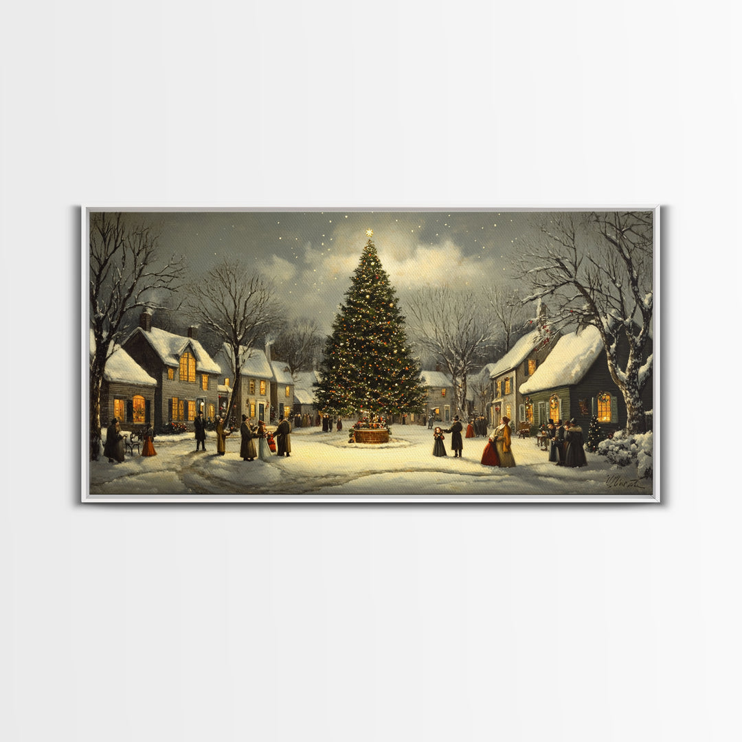 Christmas Village Framed Canvas Print Winter Decor, Canvas Wall Art, Victorian Christmas Oil Painting, Christmas Village Art