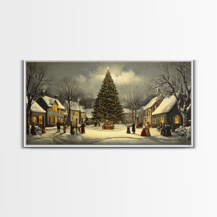 Christmas Village Framed Canvas Print Winter Decor, Canvas Wall Art, Victorian Christmas Oil Painting, Christmas Village Art