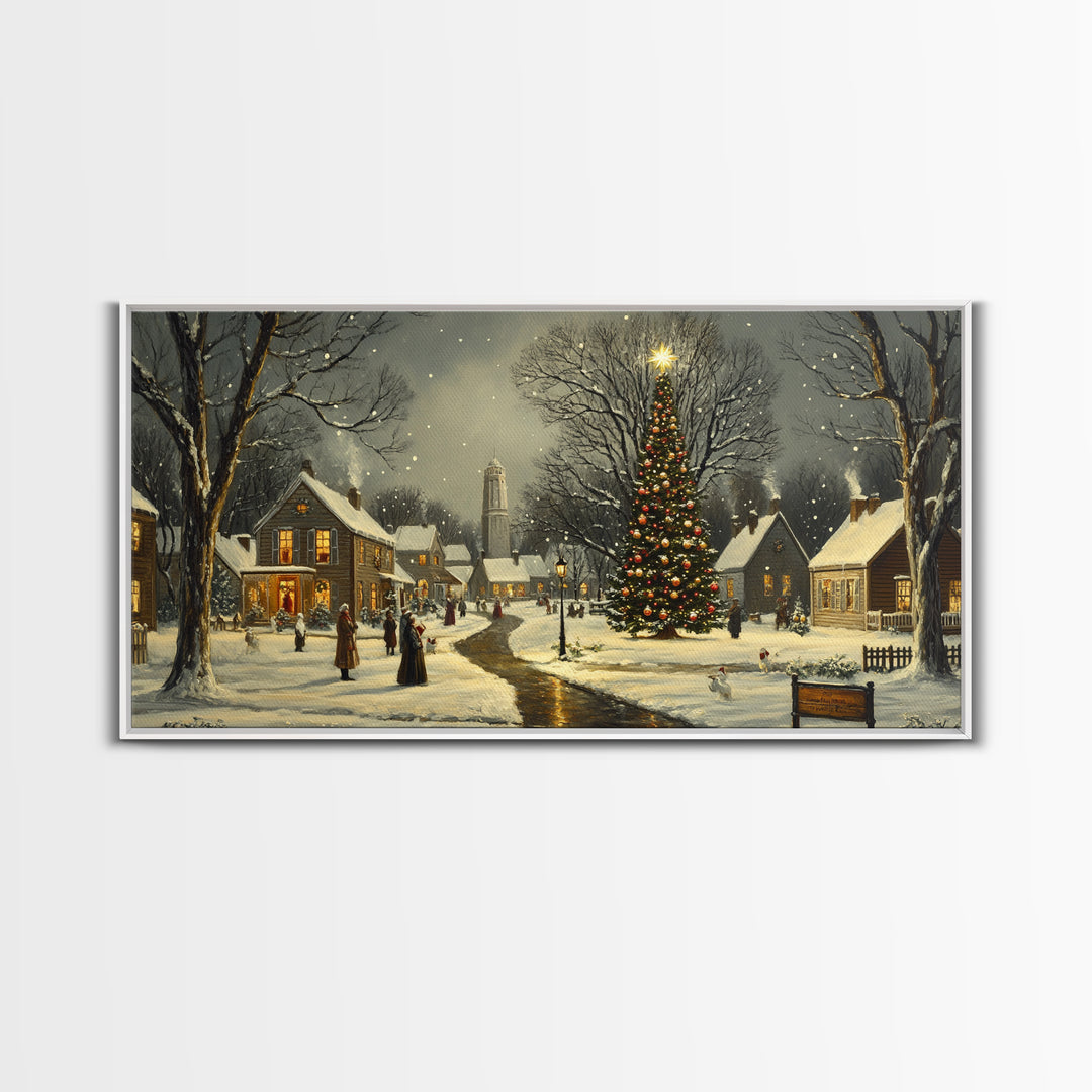 Christmas Sceneary Wall Art Framed Canvas Print, Winter Wall Art, Christmas Village Painting, Victorian Christmas Oil Painting, Horizontal Art