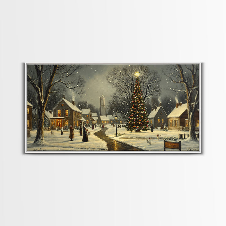 Christmas Sceneary Wall Art Framed Canvas Print, Winter Wall Art, Christmas Village Painting, Victorian Christmas Oil Painting, Horizontal Art