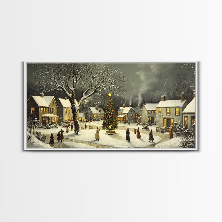 Bustling Christmas Street Scene Oil Painting Canvas Print, Snowy Holiday Night, Festive Victorian Christmas Village Oil Painting, Christmas Decor