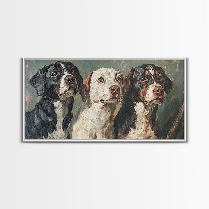 Cute Hunting Dogs Framed Canvas Print, Hunting Dogs Oil Painting, Modern Farmhouse, Traditional Home Decor, Rustic Wall Art, Dog Lover Gift
