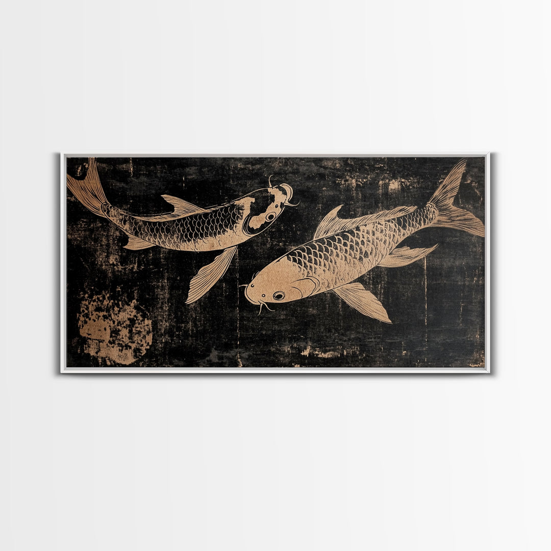 Black and White Koi Fish Oil Painting Print, Elegant Japanese Style Wood Block Print Artwork, Canvas Print Ready To Hang, Centerpiece Art