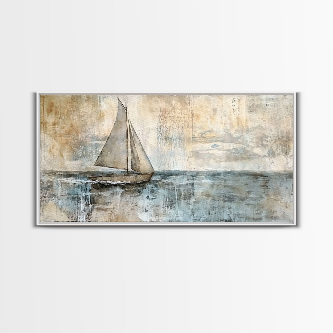 Coastal Sailboat Painting Print, Ready To Hang Art, Framed Canvas, Coastal Art Print For Beach House Decor, Wabi Sabi Sailboat, Inspired Ocean