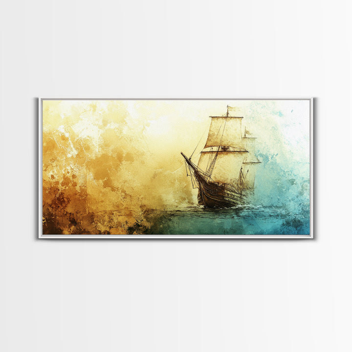 Abstract Pirate Ship Nautical Decor Framed Canvas Print - Nautical Wall Decor - Sailboat Painting - Neutral Wall Decor - Coastal Wall Art