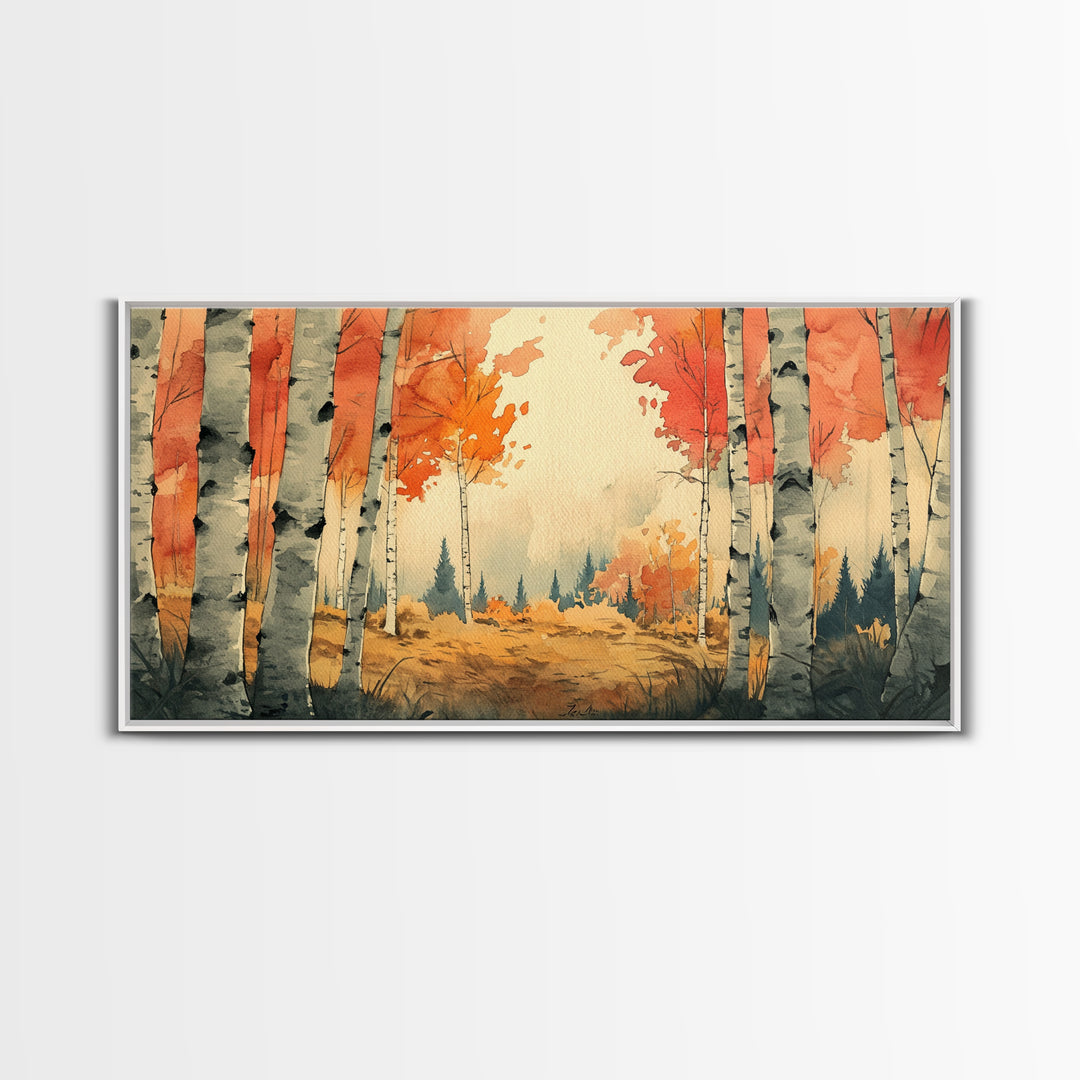 Birch Tree Landscape Painting Print, Accent Piece, Accent Wall Art, Autumn Landscape Canvas Print, Birch Forest Art, Watercolor Birches