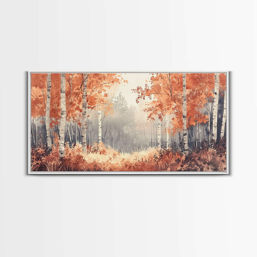 Aspen Landscape, Autumn Forest Print, Birch Tree Painting Framed Canvas Print, Ready To Hang Wall Art, Modern Abstract Nature Wall Art
