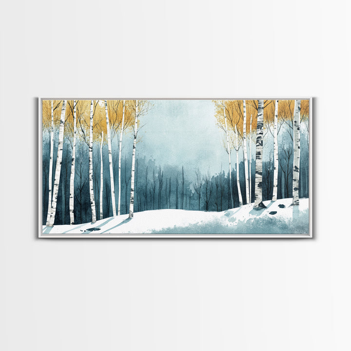 Birch Tree Forest in Winter Framed Canvas Print Ready To Hang Wall Decor, Winter Art, Winter Decor, Birch Painting, Aspen Trees Forest Art