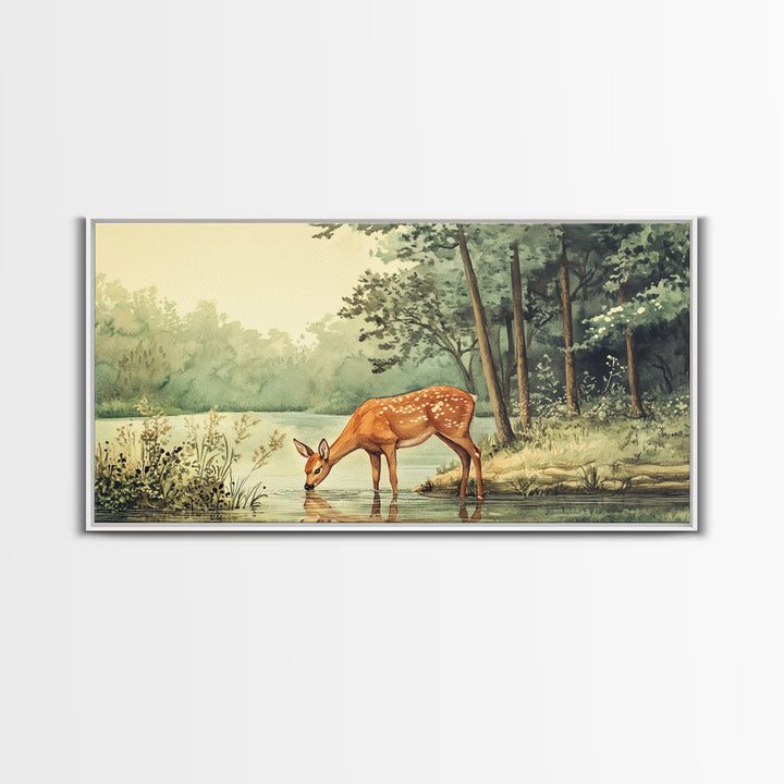 Deer Drinking Water in Forest Painting Print, Deer Painting, Cabin Decor, Cabin Wall Art, Framed Canvas Print, Nature Lover Gift, Nature Art