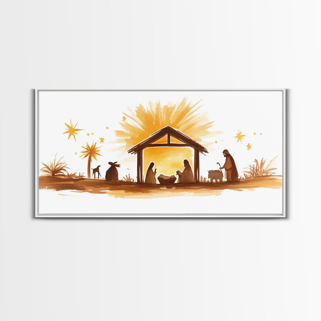 Cute Nativity Watercolor Painting Canvas Print - Framed Wall Art - Ready To Hang - Christmas Nativity Centerpiece Wall Art
