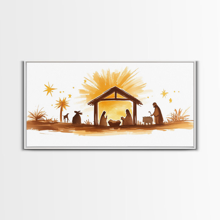 Cute Nativity Watercolor Painting Canvas Print - Framed Wall Art - Ready To Hang - Christmas Nativity Centerpiece Wall Art